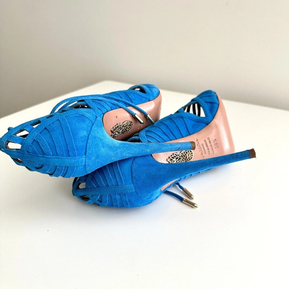 AQUAZZURA Blue Suede Scalloped Cutout Ankle Wrap Sandals Heels Size 38.5 - Picture 9 of 11
